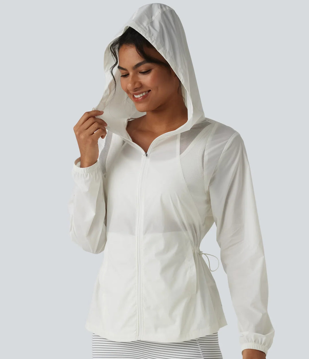 Hooded Drawstring Contrast Mesh Workout Jacket with Pockets