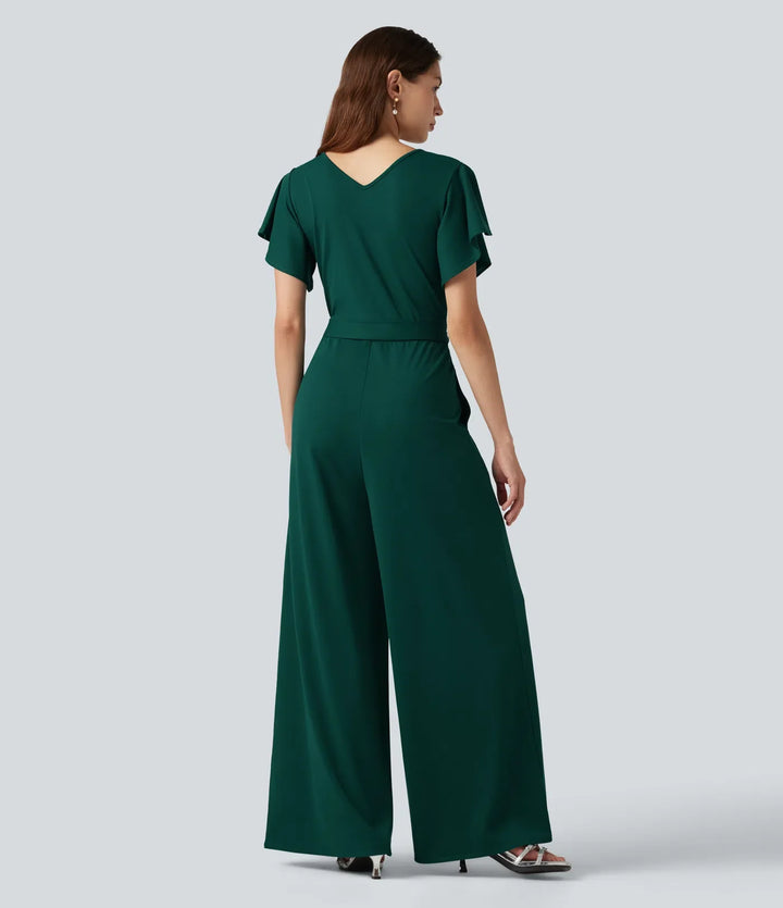 V Neck Short Sleeve Tie Side Baggy Casual Jumpsuit with Pockets-Easy Peezy Edition