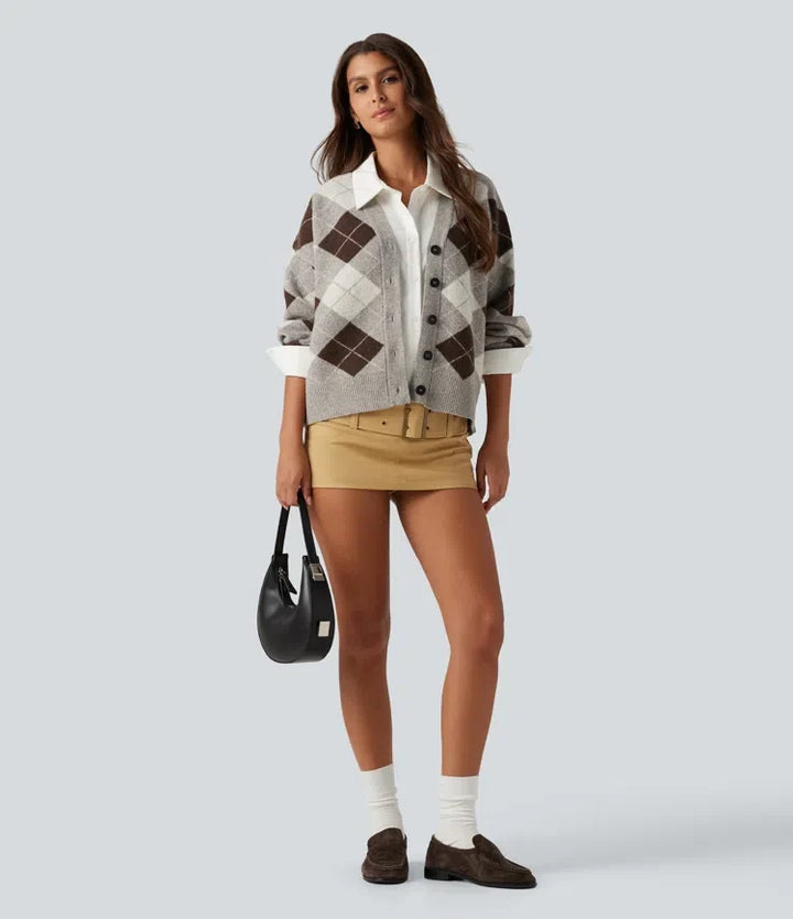 V Neck Long Sleeve Plaid Casual Cardigan