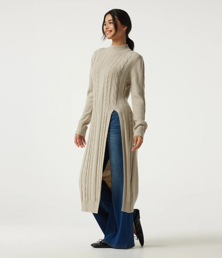 Mock Neck Long Sleeve Cable Stitch Casual Midi Sweater Dress