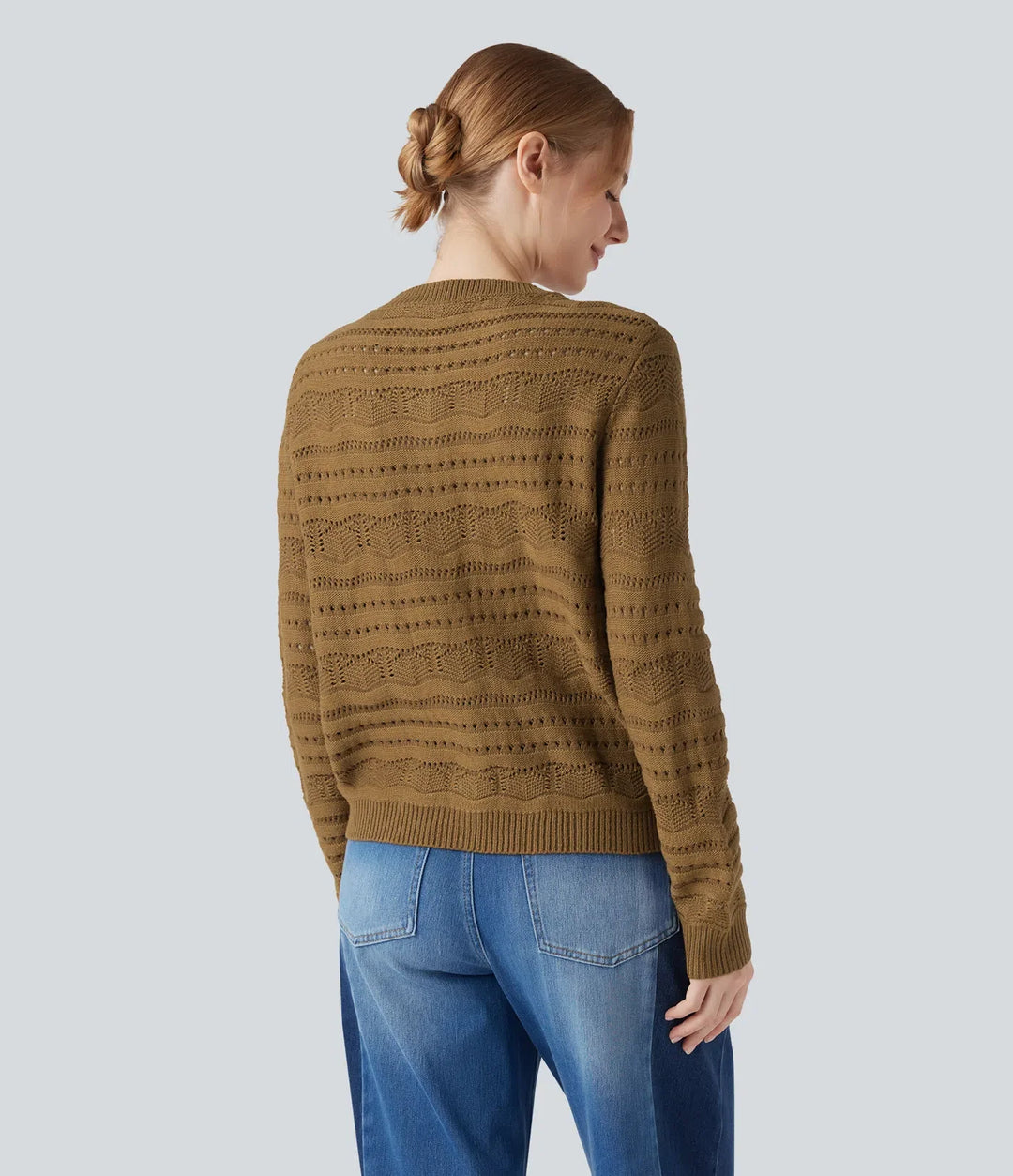 Round Neck Long Sleeve Button Fly Hollow Out Work Cardigan with Pockets