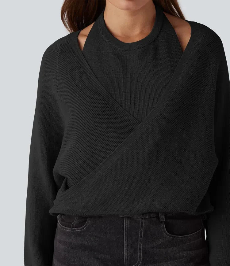 Halter Long Sleeve Wrap 2-in-1 Casual Sweater