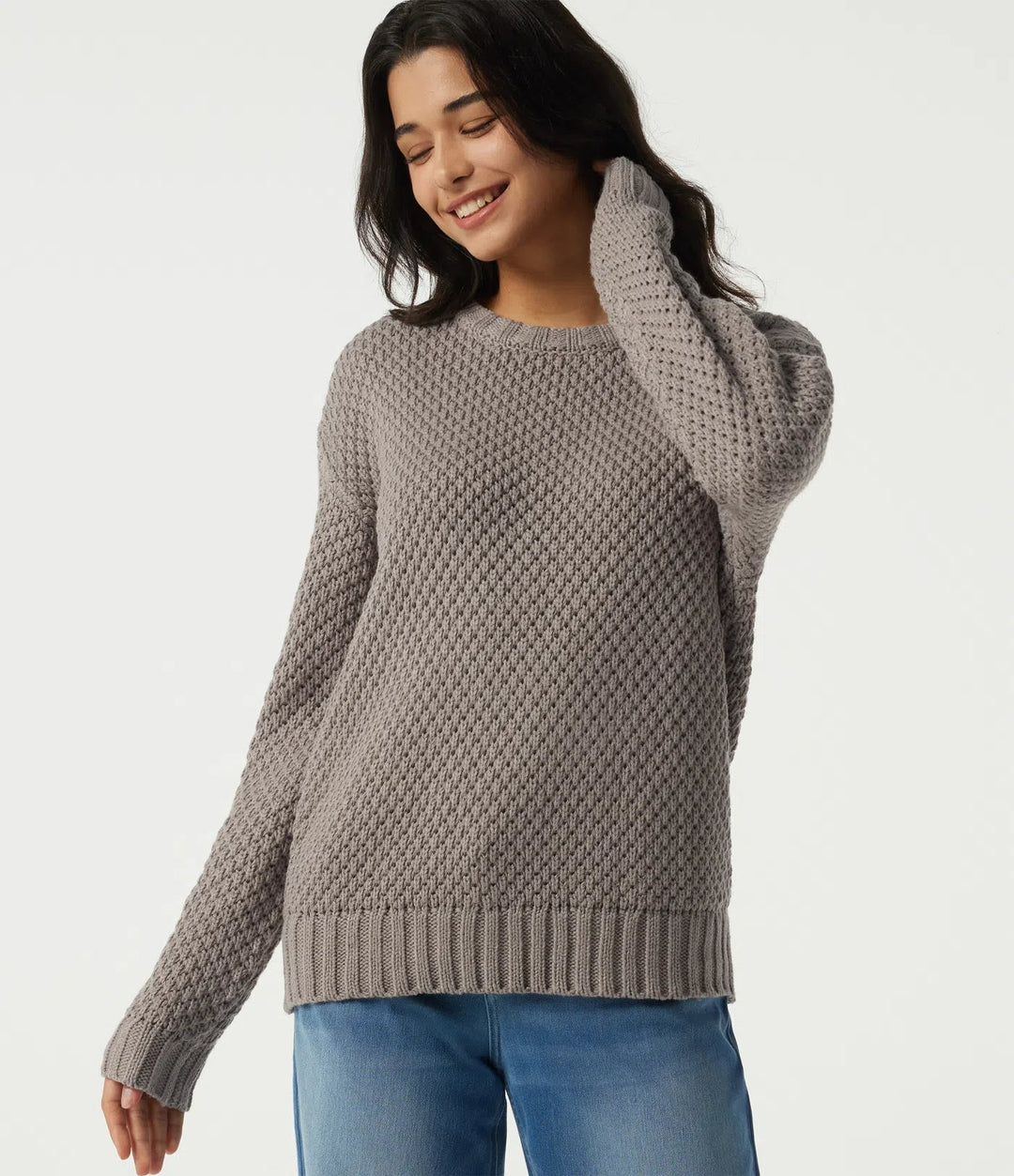 Round Neck Dropped Shoulder Long Sleeve Work Sweater