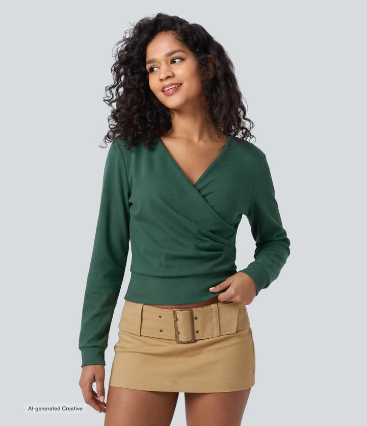 V Neck Long Sleeve Crossover Ruched Yoga Sweatshirt