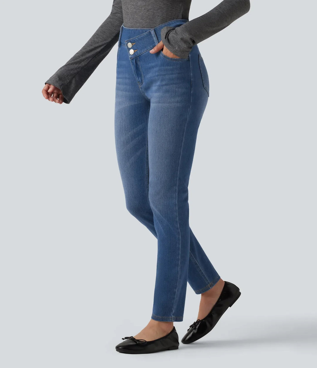 Halara Flex Mid Rise Asymmetric Casual Skinny Jeans with Pockets