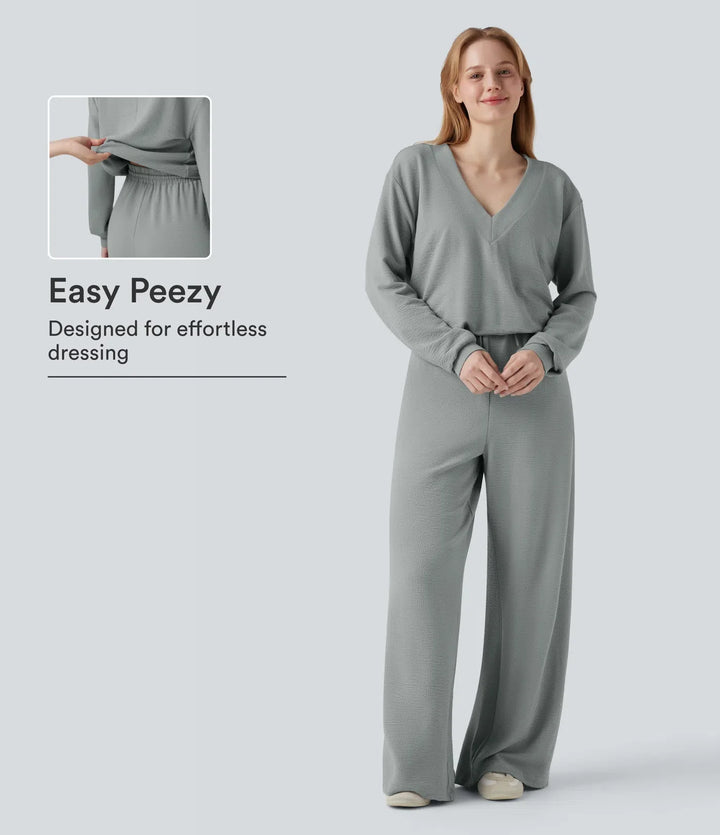 V-neck Long Sleeve Drawstring Casual Jumpsuit with Pockets-Easy Peezy