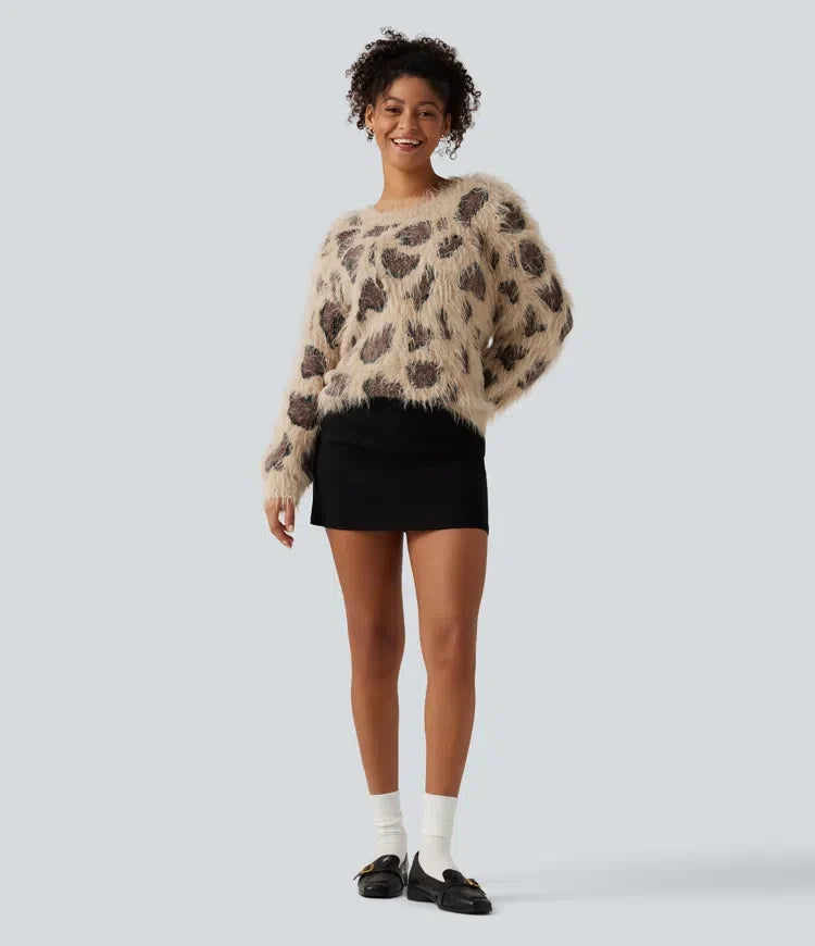 Round Neck Long Sleeve Leopard Print Casual Sweater