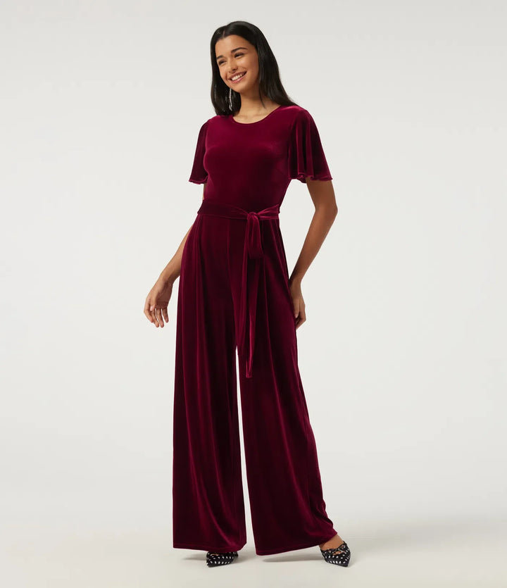 Round Neck Flounce Short Sleeve Keyhole Back Tie Front Velvet Party Jumpsuit with Pockets -Easy Peezy Edition