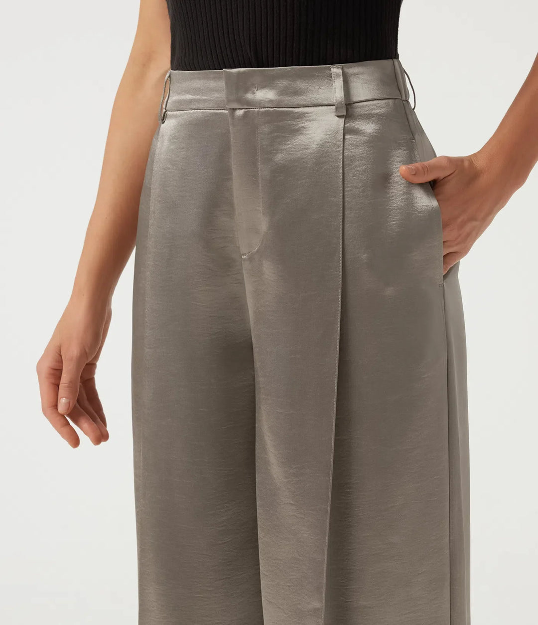 High Waisted Straight Leg Satin Work Pants with Pockets