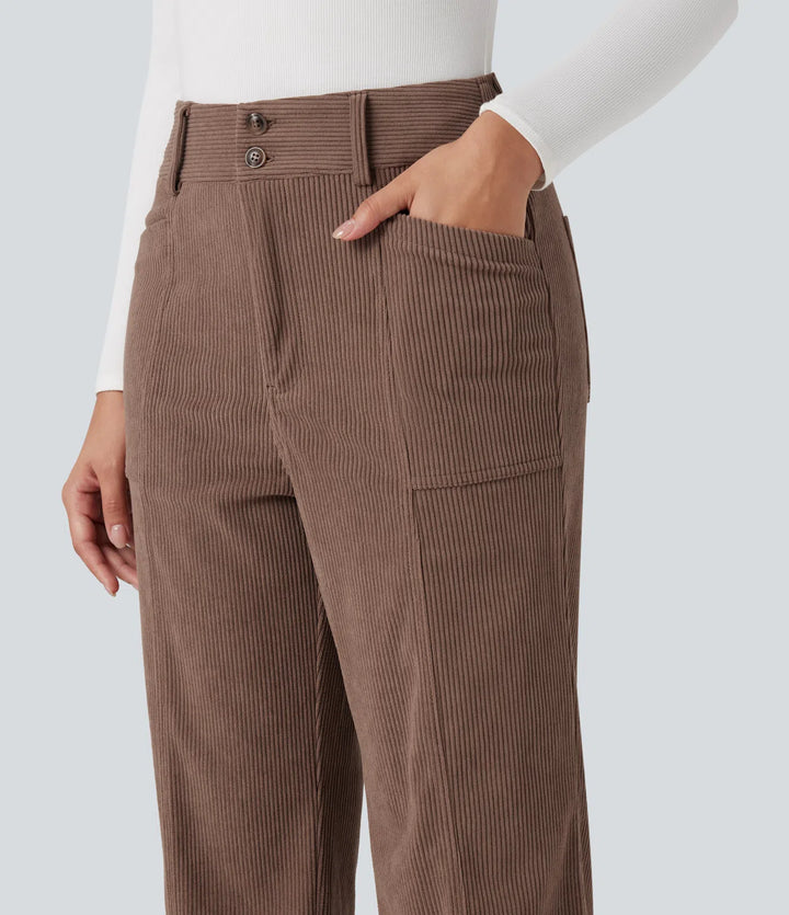 High Waisted Corduroy Casual Straight Leg Pants with Pockets