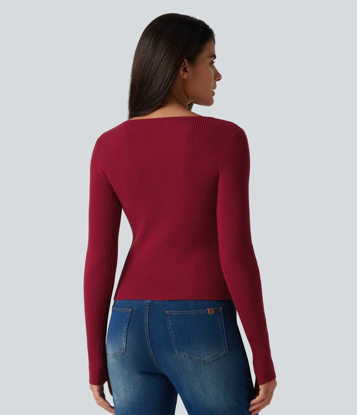 Square Neck Long Sleeve Thumb Hole Casual Sweater