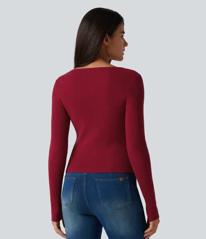 Square Neck Long Sleeve Thumb Hole Casual Sweater