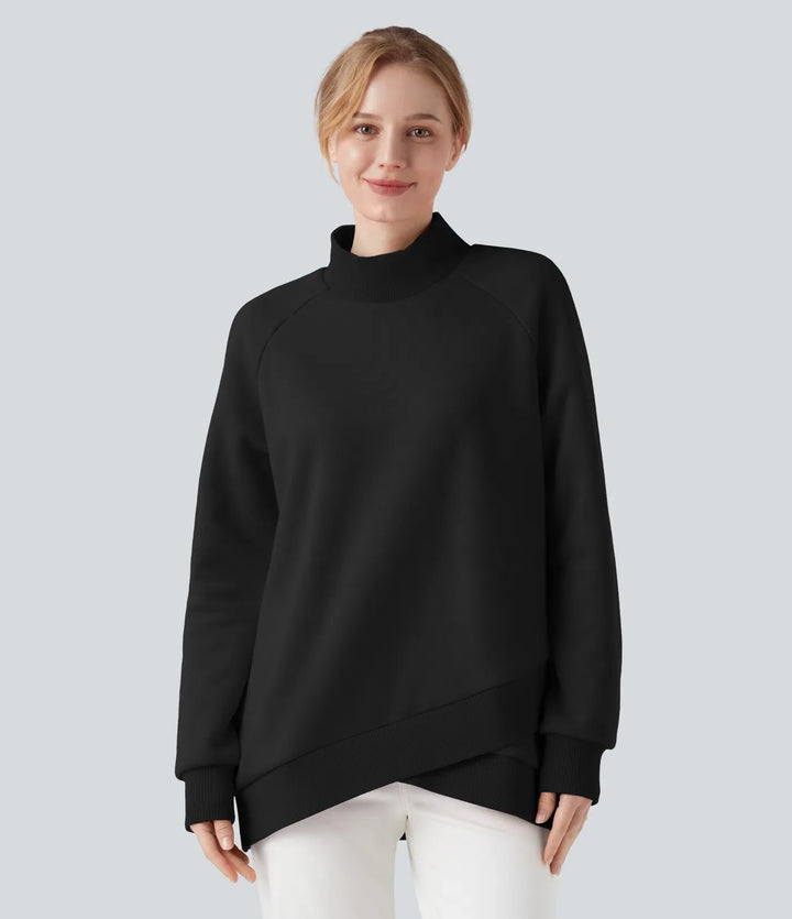 Mock-neck Raglan Long Sleeve Crossover Hem Fleece Casual Sweatshirt