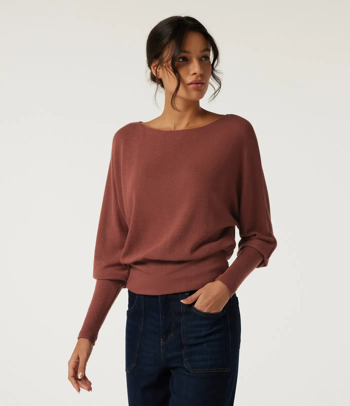Boat Neck Batwing Long Sleeve Keyhole Back Casual Top