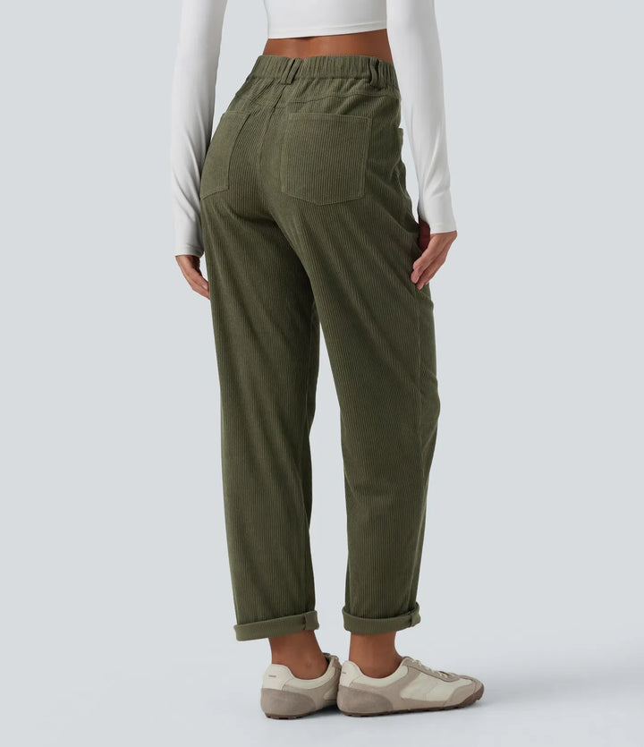 Mid Rise Tapered Corduroy Casual Pants with Pockets