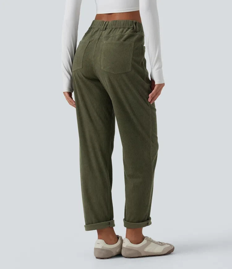 Mid Rise Tapered Corduroy Casual Pants with Pockets