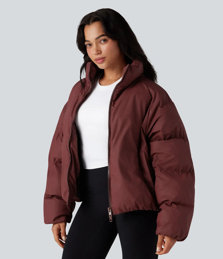 High-neck Drawstring Hem Oversize Casual Puffer Jacket with Pockets