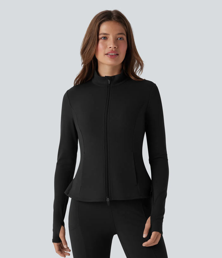 DayStretch Stand Collar Zipper Thumb Hole Ruffle Hem Slim Jacket with Pockets