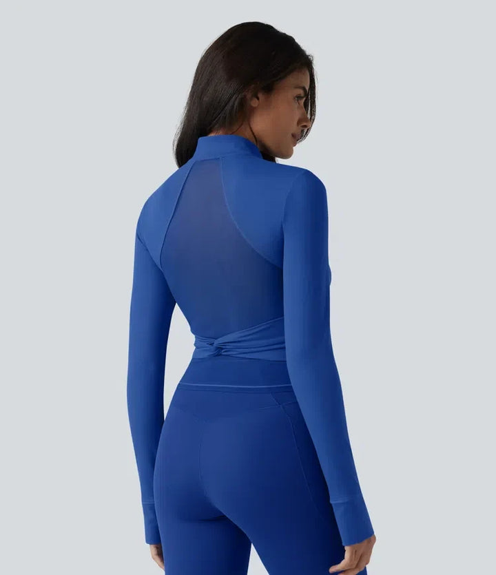 SoftlyZero Plush Stand Collar Long Sleeve Thumb Holes Twisted Back Breathable Mesh Yoga Jacket with Pockets