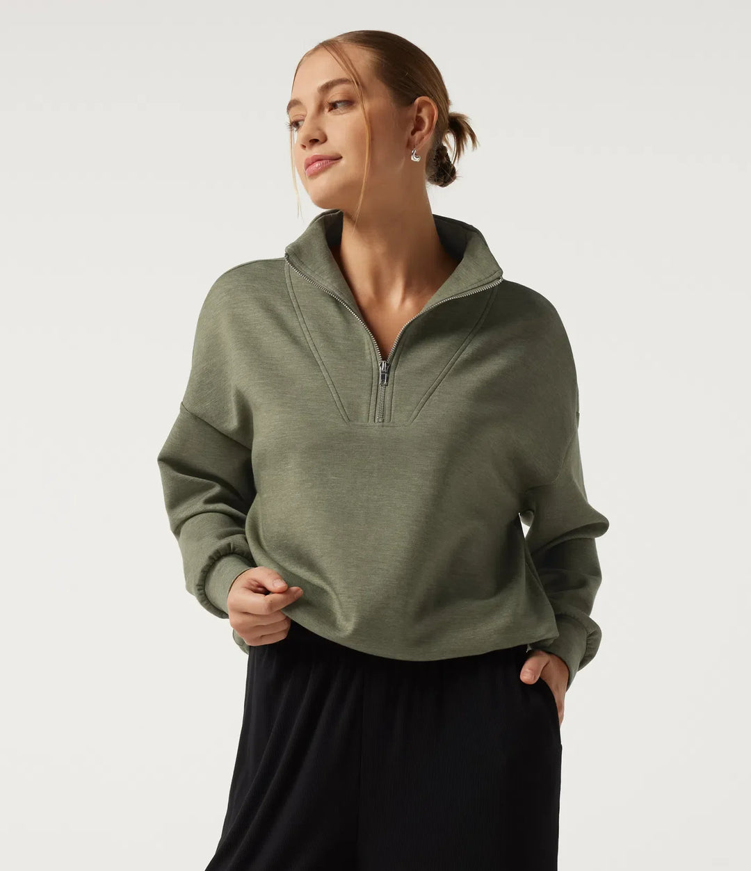 Mock Neck Dropped Half Zip Long Sleeve Casual Sweatshirt