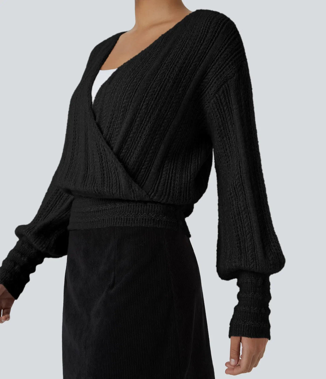 Sheer V Neck Long Sleeve Work Sweater-Front and Back Wearable