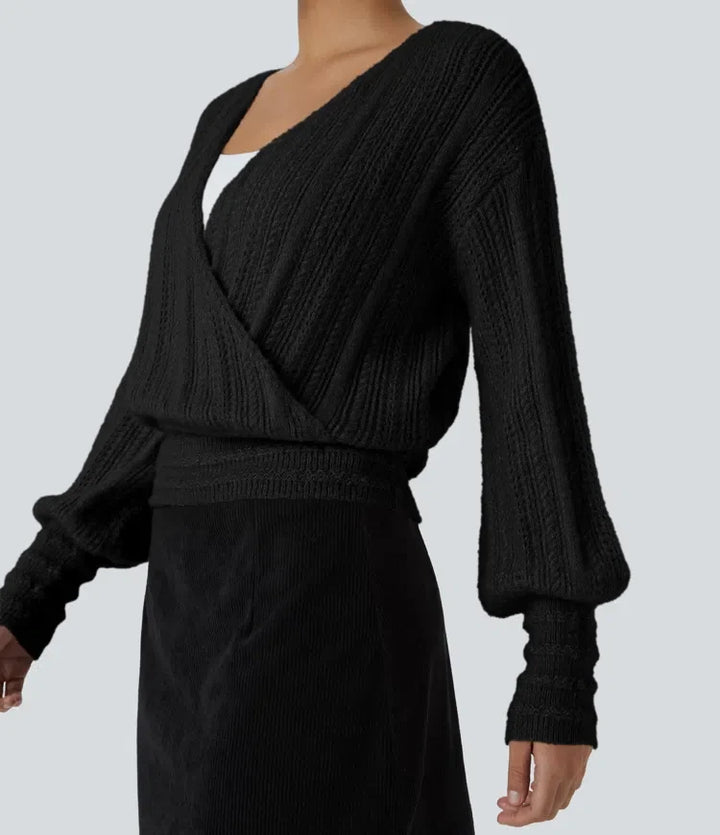 Sheer V Neck Long Sleeve Work Sweater-Front and Back Wearable