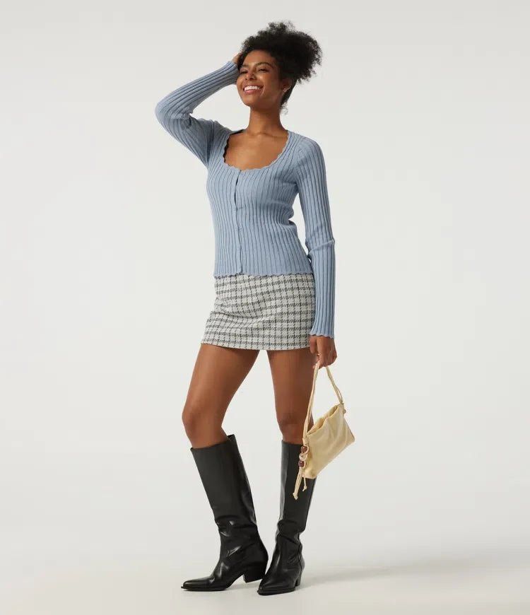 Ribbed Knit Square Neck Long Sleeve Casual Sweater