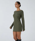 Boat Neck Raglan Sleeve Thumb Hole Hem Waffle Casual Sweatshirt Dress