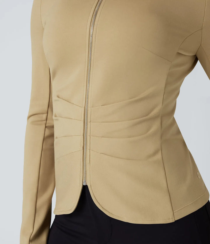 Round Neck Long Sleeve Ruched Zip Fly Work Blazer