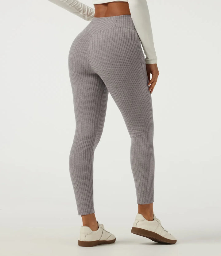 Ribbed Knit Crossover High Waisted Skinny Casual Leggings with Pockets