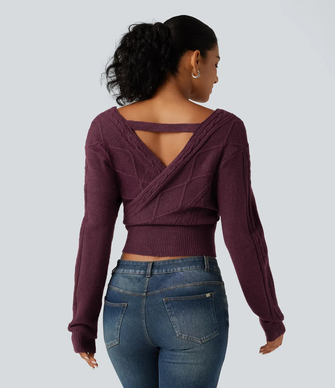 V Neck Long Sleeve V Back Casual Sweater