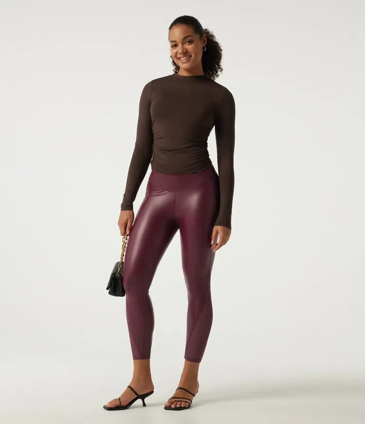 High Waisted Stretchy PU Crossover Contrast Mesh Casual Leggings with Pockets