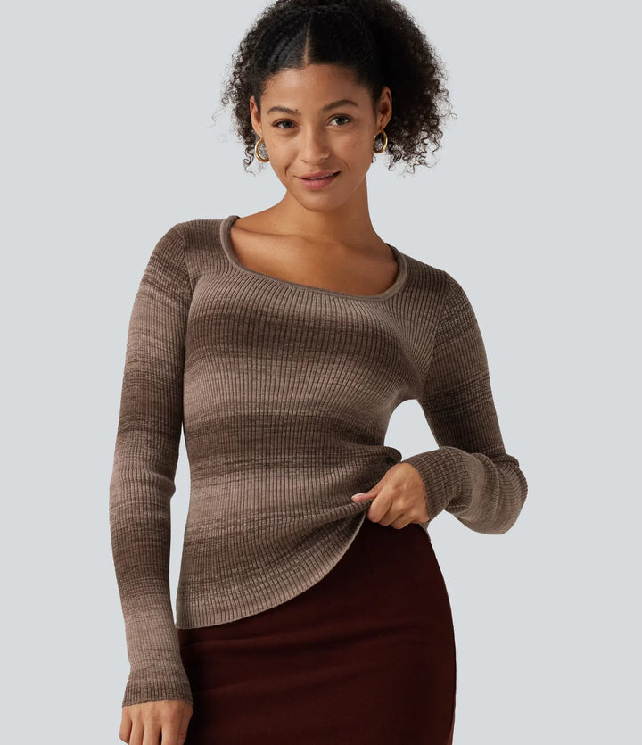 Square Neck Long Sleeve Gradient Stirpe Casual Sweater