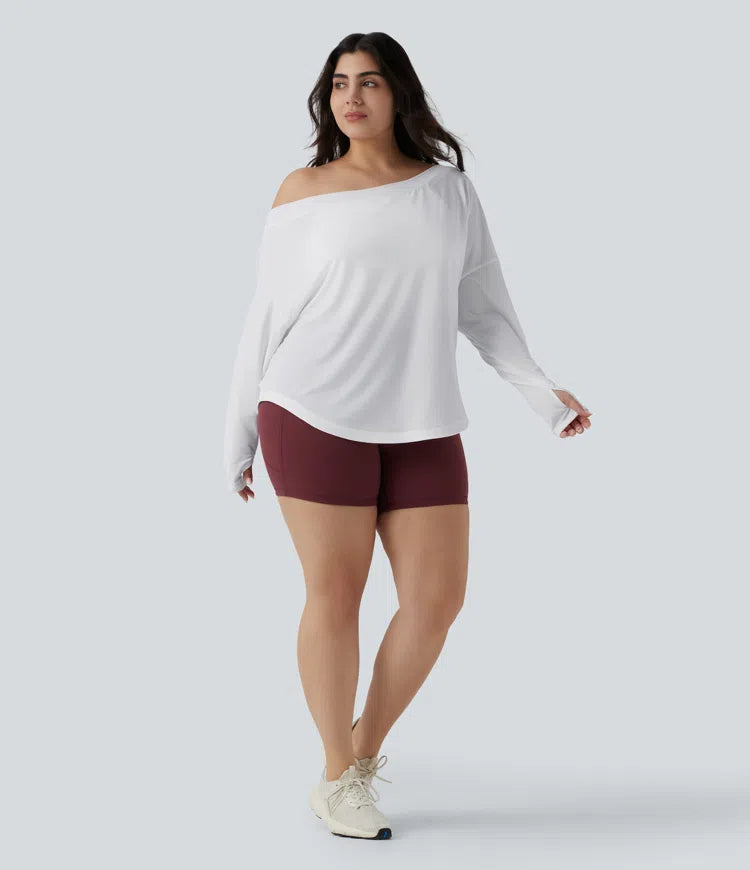 One Shoulder Long Sleeve Thumb Hole Curved Hem High Low Quick Dry Yoga Plus Size Sports Top-Built-in Bra