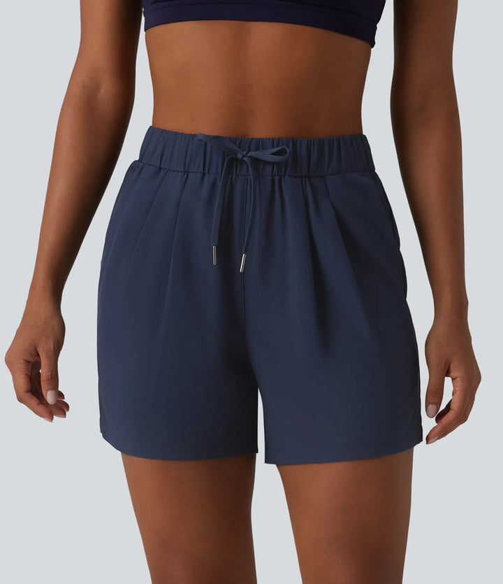High Waisted Elastic Waistband Drawstring Pleated Yoga Shorts 5" with Pockets