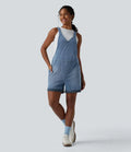 Halara Flex V Neck Rolled Hem Washed Denim Casual Short Overalls with Pockets
