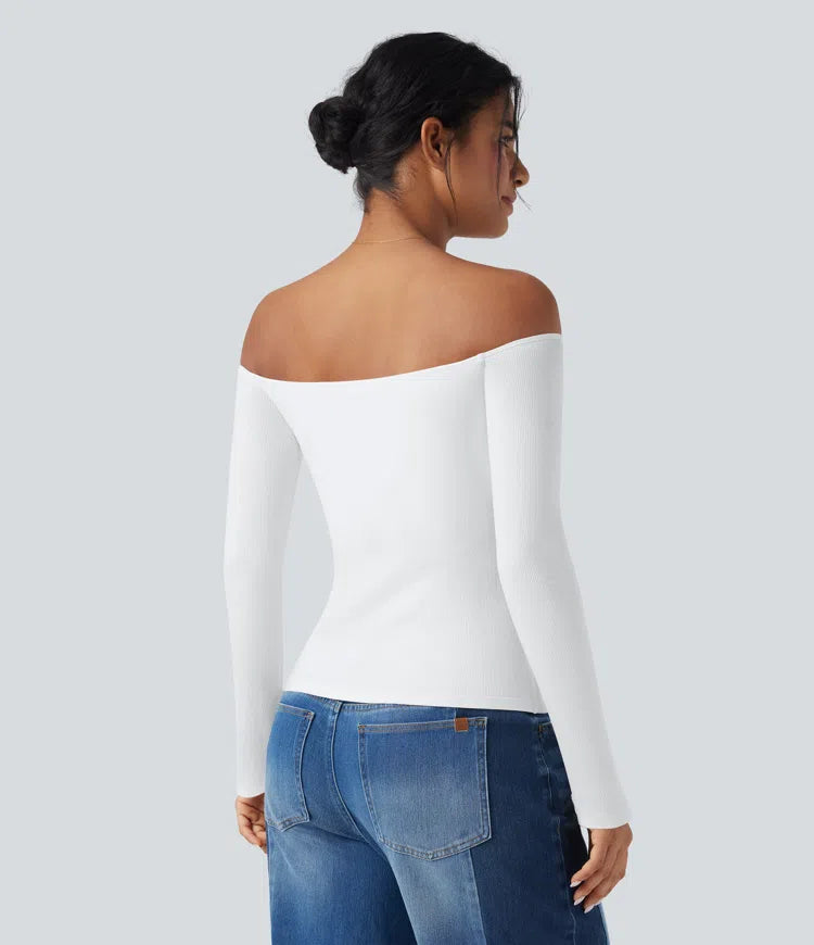 Ribbed Knit Off Shoulder Long Sleeve 2-in-1 Casual Top