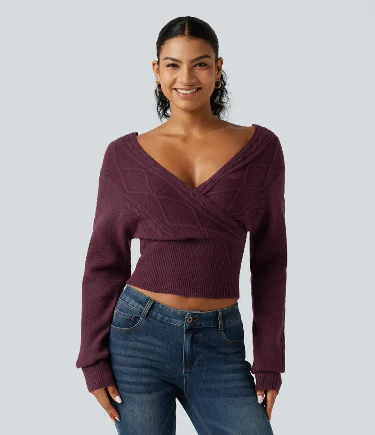 V Neck Long Sleeve V Back Casual Sweater