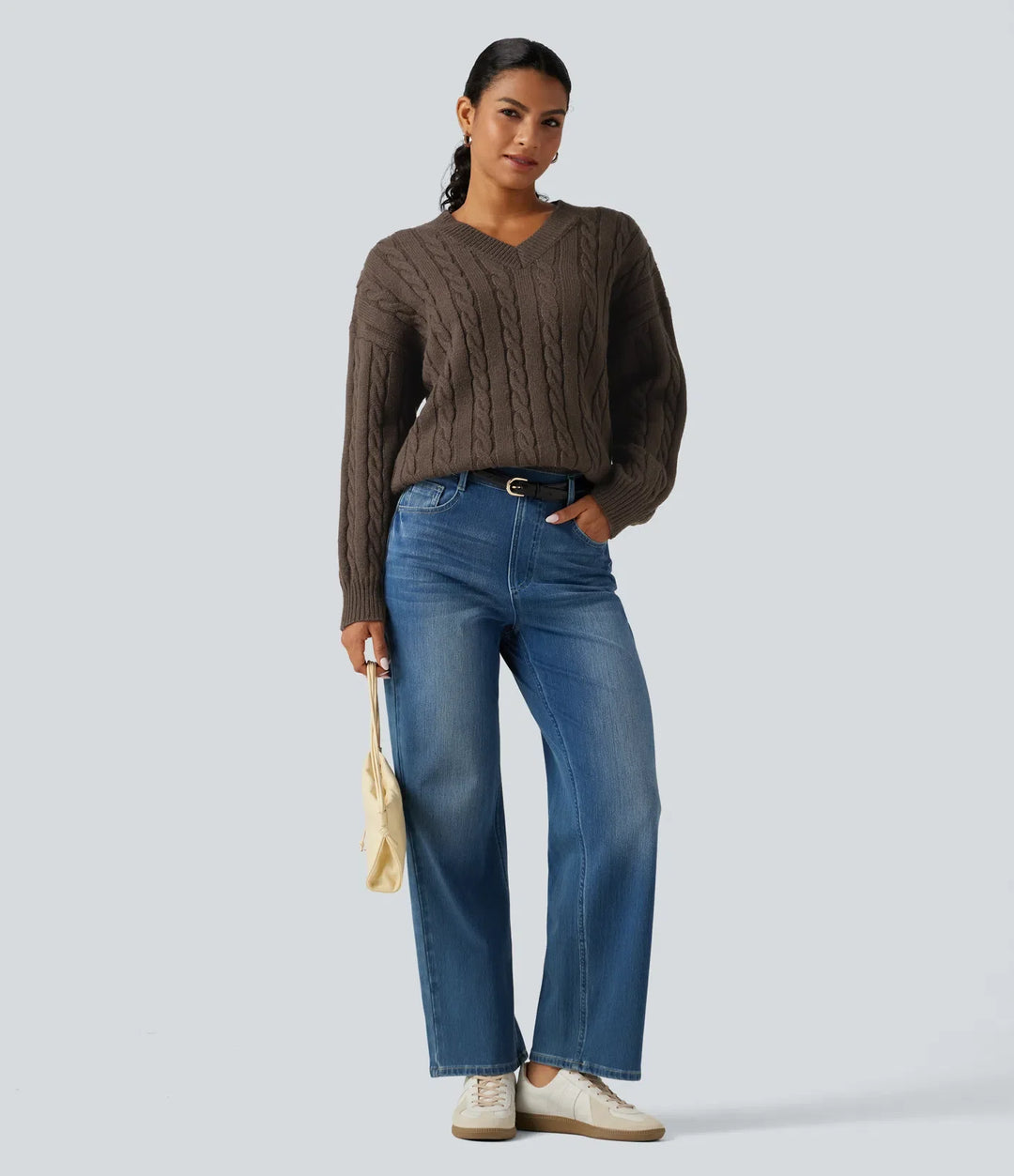 V Neck Dropped Long Sleeve Cable Knit Casual Wool-Blend Sweater