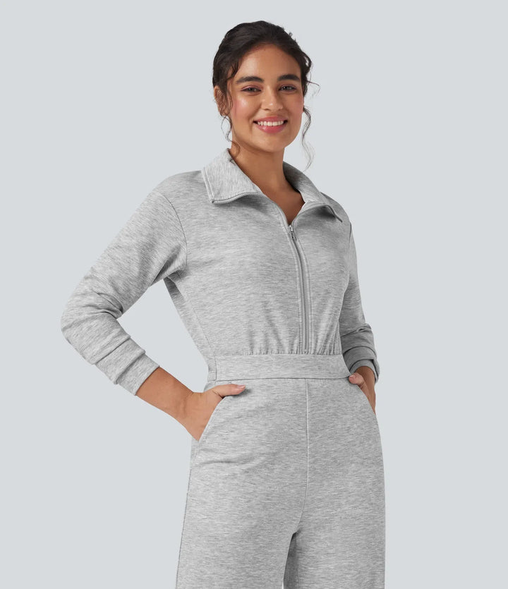 Lapel Zip Long Sleeve Casual Jumpsuit with Pockets-Easy Peezy