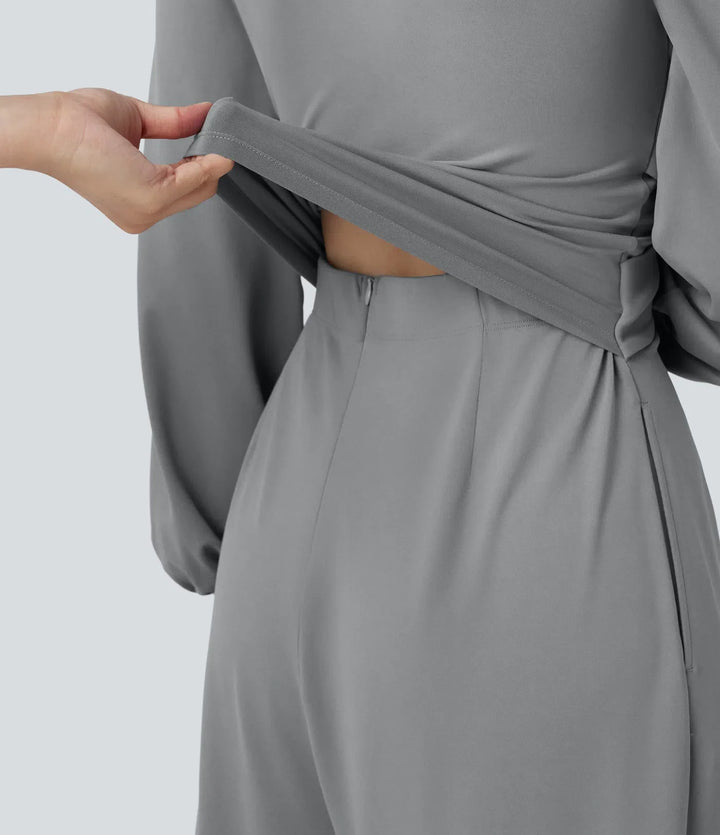 V-neck Puff Long Sleeve Crossover Work Jumpsuit with Pockets-Easy Peezy