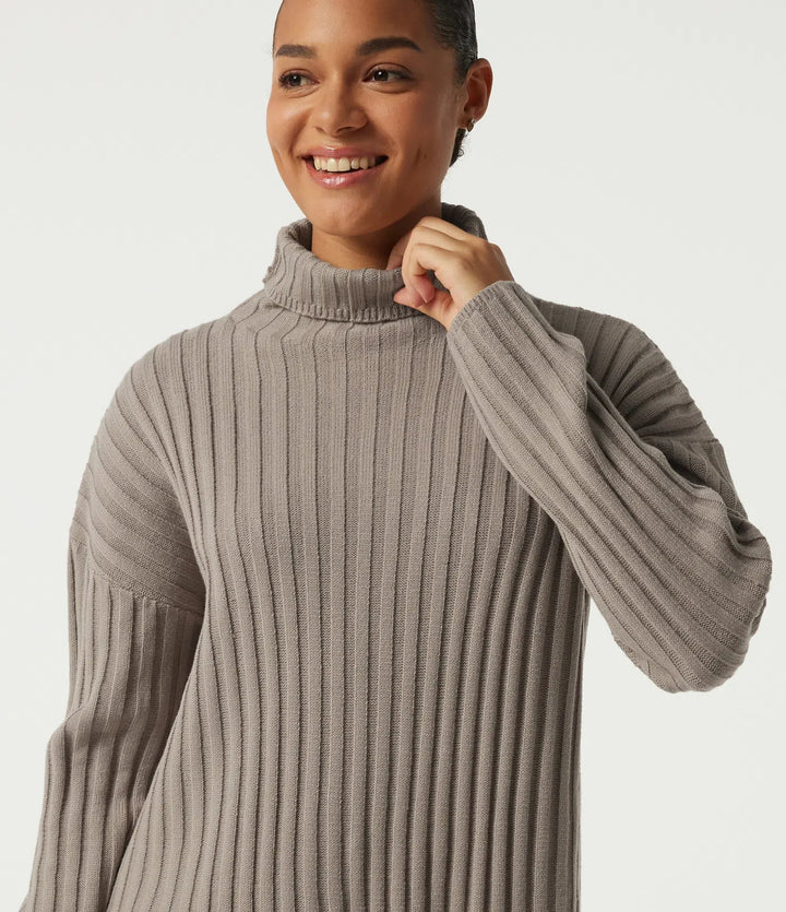 Ribbed Knit High Neck Dropped Long Sleeve Work Sweater