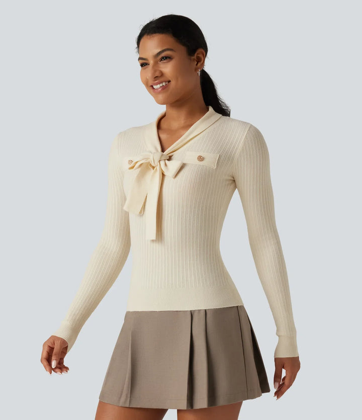 V Neck Long Sleeve Tie Front Slim Work Sweater