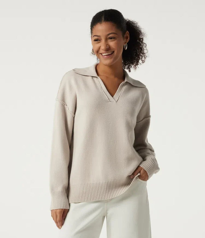 Polo Neck Long Sleeve Dropped Shoulder Casual Sweater
