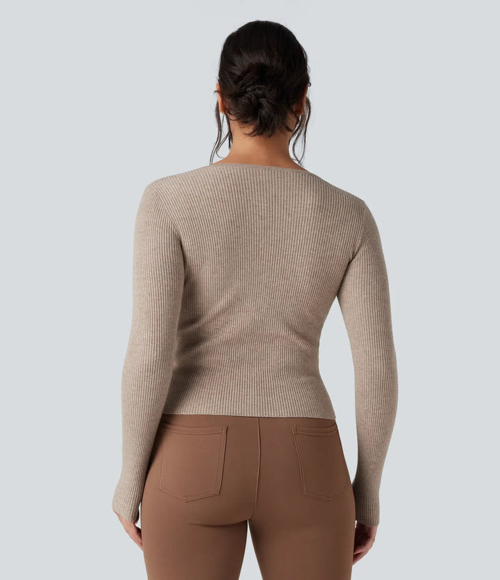 Ribbed Knit Sweetheart Neck Long Sleeve Work Sweater
