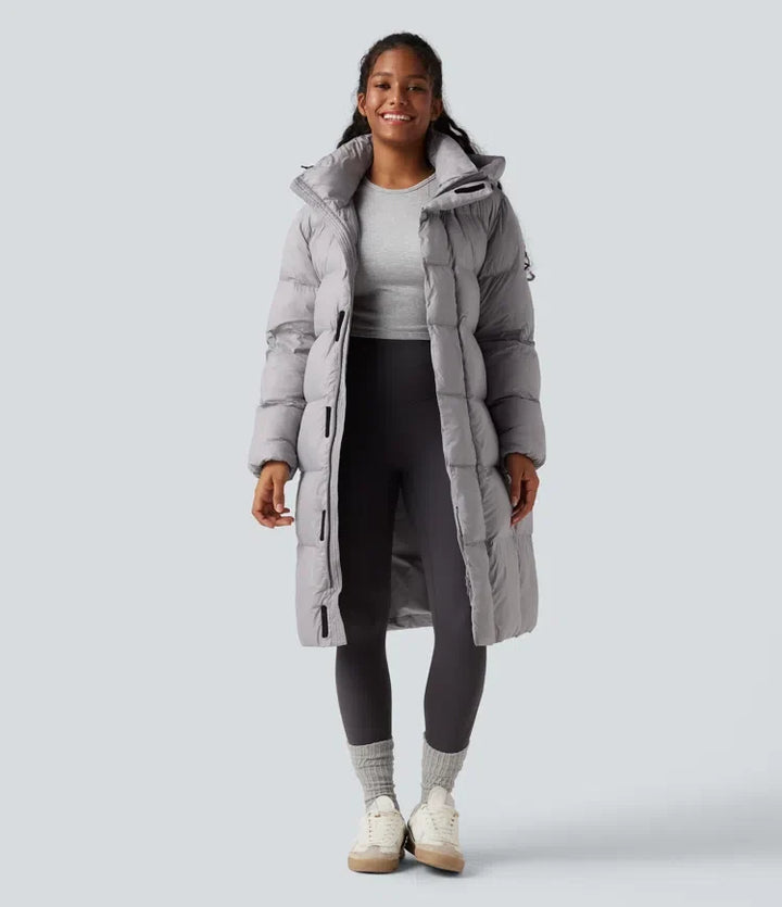 Hooded Long Sleeve Zipper Longline Casual Puffer Jacket with Pockets