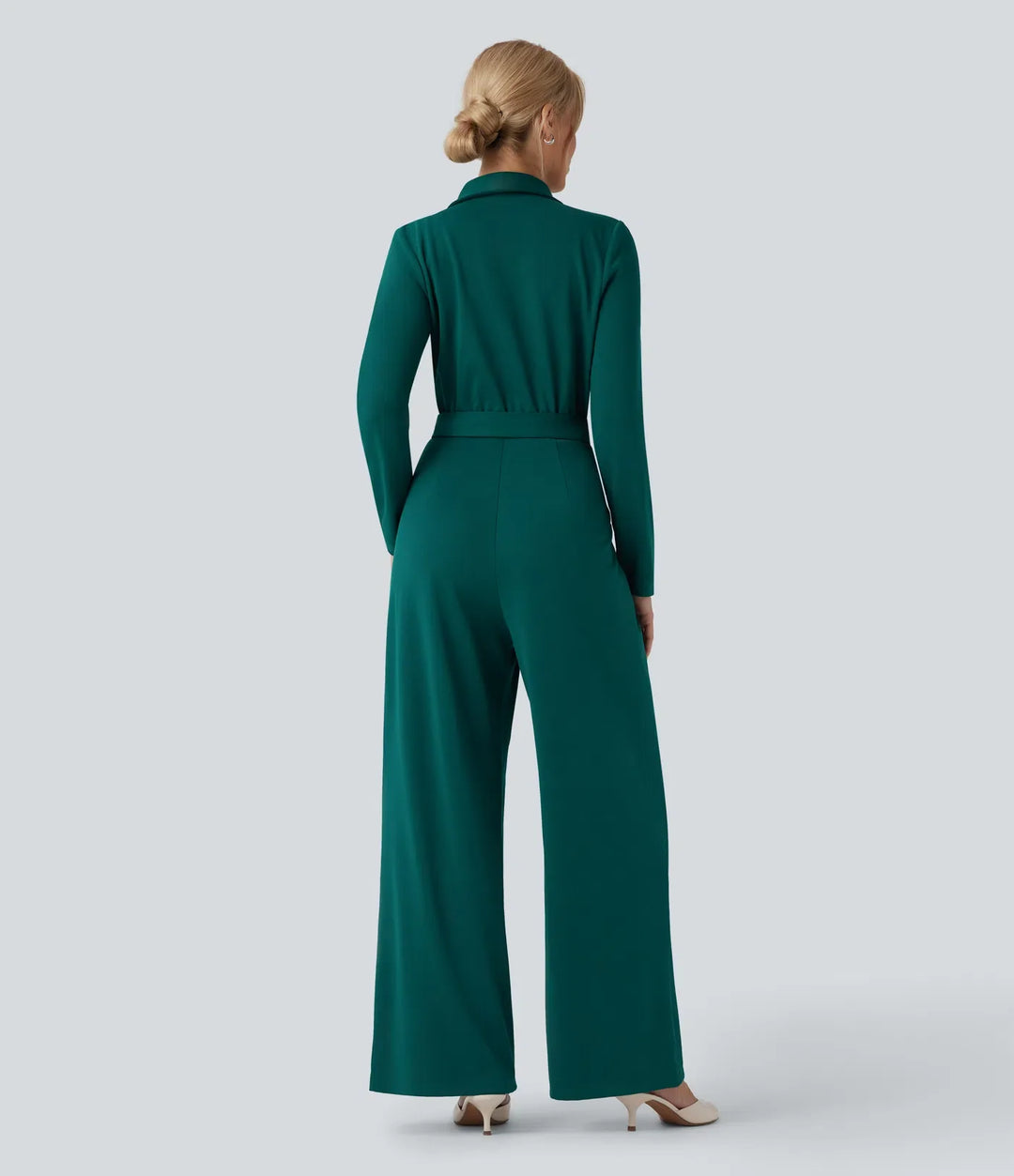 V-neck Long Sleeve Belted Jumpsuit with Pockets-Easy Peezy