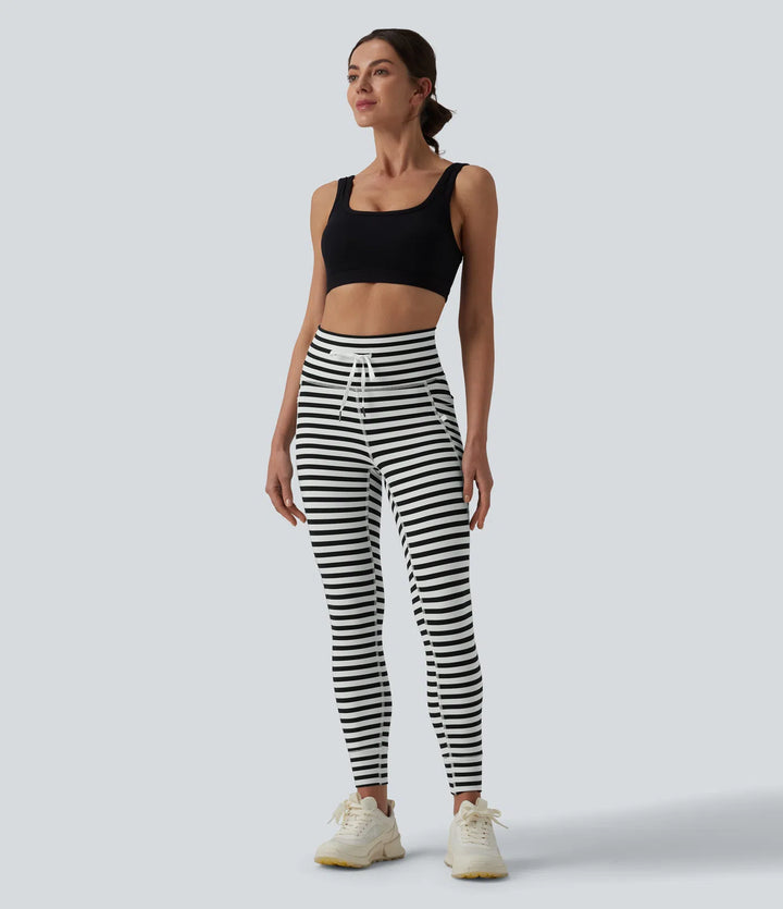 High Waisted Drawstring Stripe Yoga Leggings with Pockets