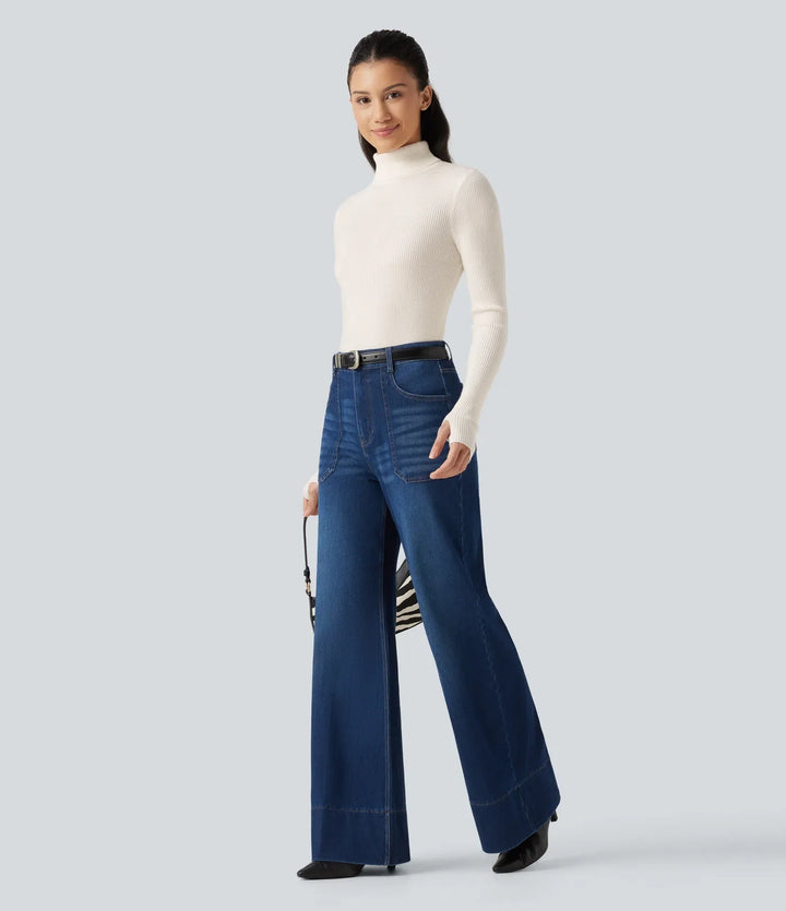 High Neck Long Sleeve Thumb Hole Work Wool-Blend Sweater