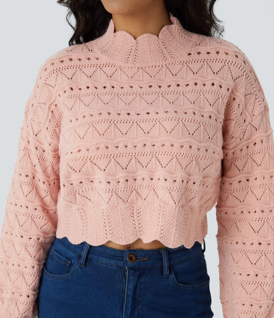 Mock Neck Bishop Sleeve Scallop Hem Open Knit Casual Sweater